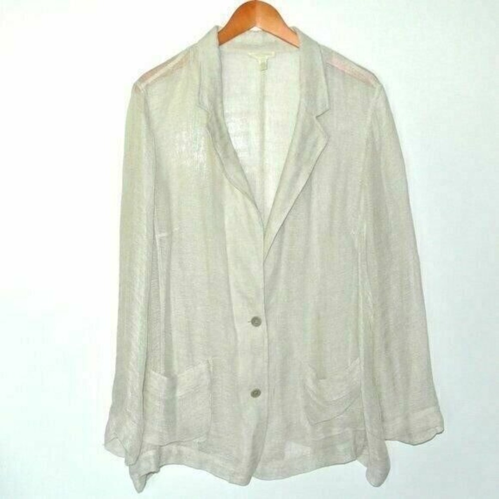 Eileen Fisher Gray Open Weave Linen Blazer Plus 3X Two Button Closure Pockets